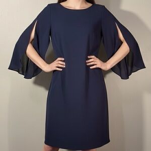 AGB Dress Navy Blue Split Flutter Sleeve Boat Neck Shift Dress Women's Size 12